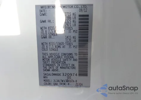 2013 Infiniti Jx35 z USA, uszkodzony, nr VIN 5N1AL0MN6DC320974